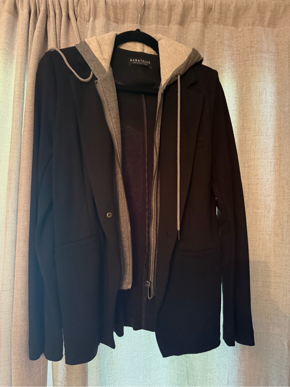 Bagatelle Women’s Black Blazer with Gray Hooded Zip Insert